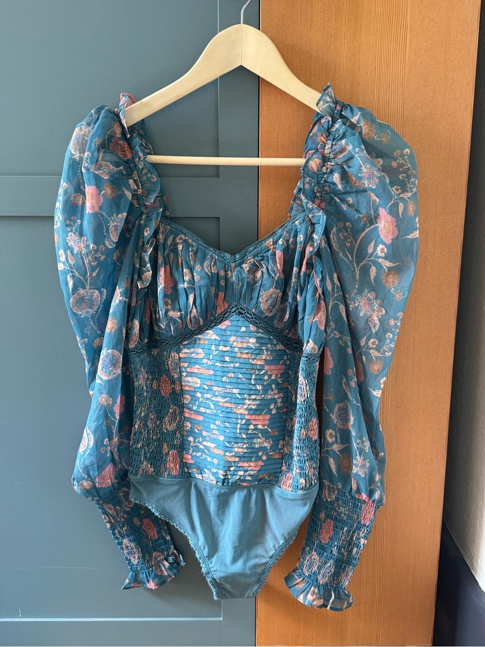 Free People Teal Floral Puff-Sleeve Bodysuit
